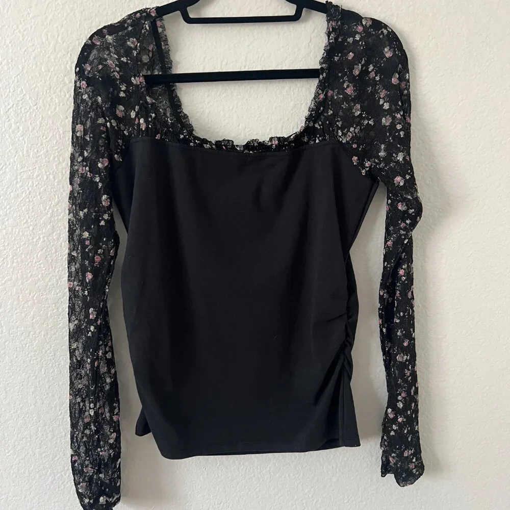 NWT Free People Sz L Josie Top Black‎ Floral Lace Festival Dainty Dark Coquette